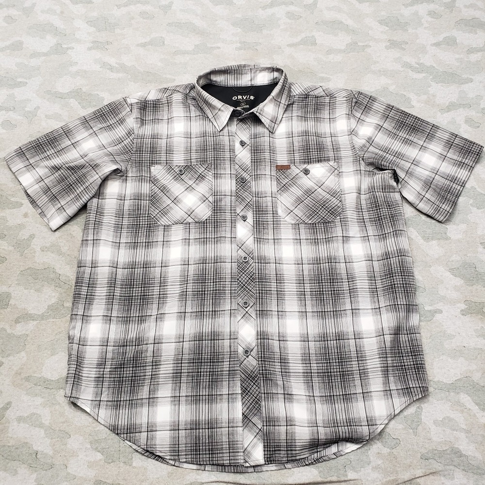 Orvis Shirt Mens XL Gray Pocket Short Sleeve Button-Up Plaid Fishing Lightweight